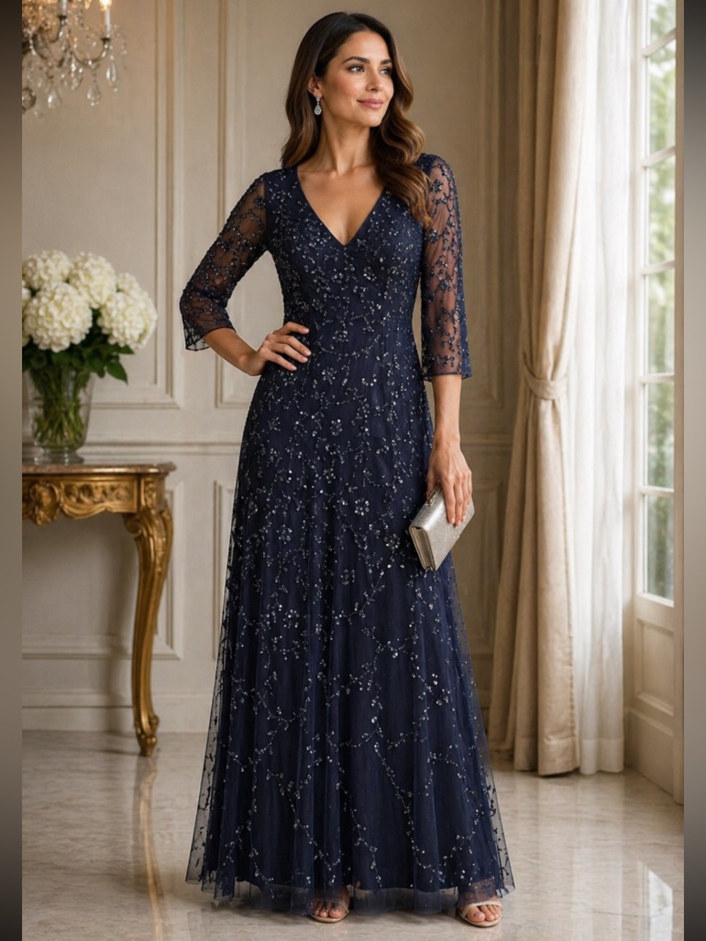 Aidan Mattox fully beaded V-Neckline 3/4 sleeves long gown